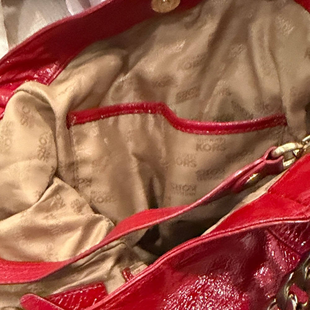 Michael Kors Red Patent Leather Shoulder Bag with Gold Accents - Picture 9 of 9